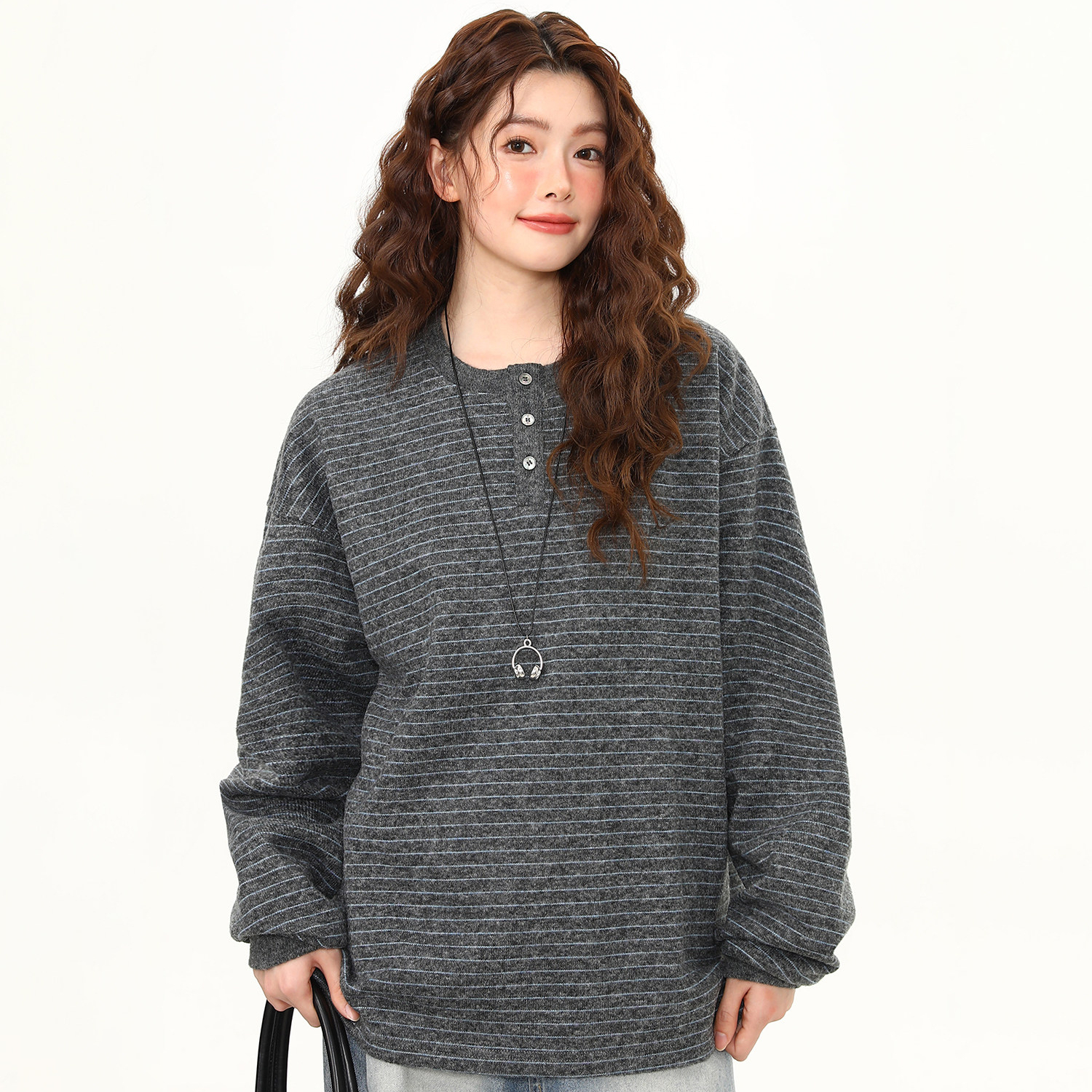 春季新款復古亨利領套頭條紋長袖衛衣女羊毛混紡高級感