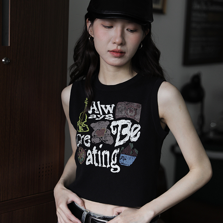 設計感小眾簡約百搭外穿無袖吊帶背心女別致塗鴉印花休閒短款