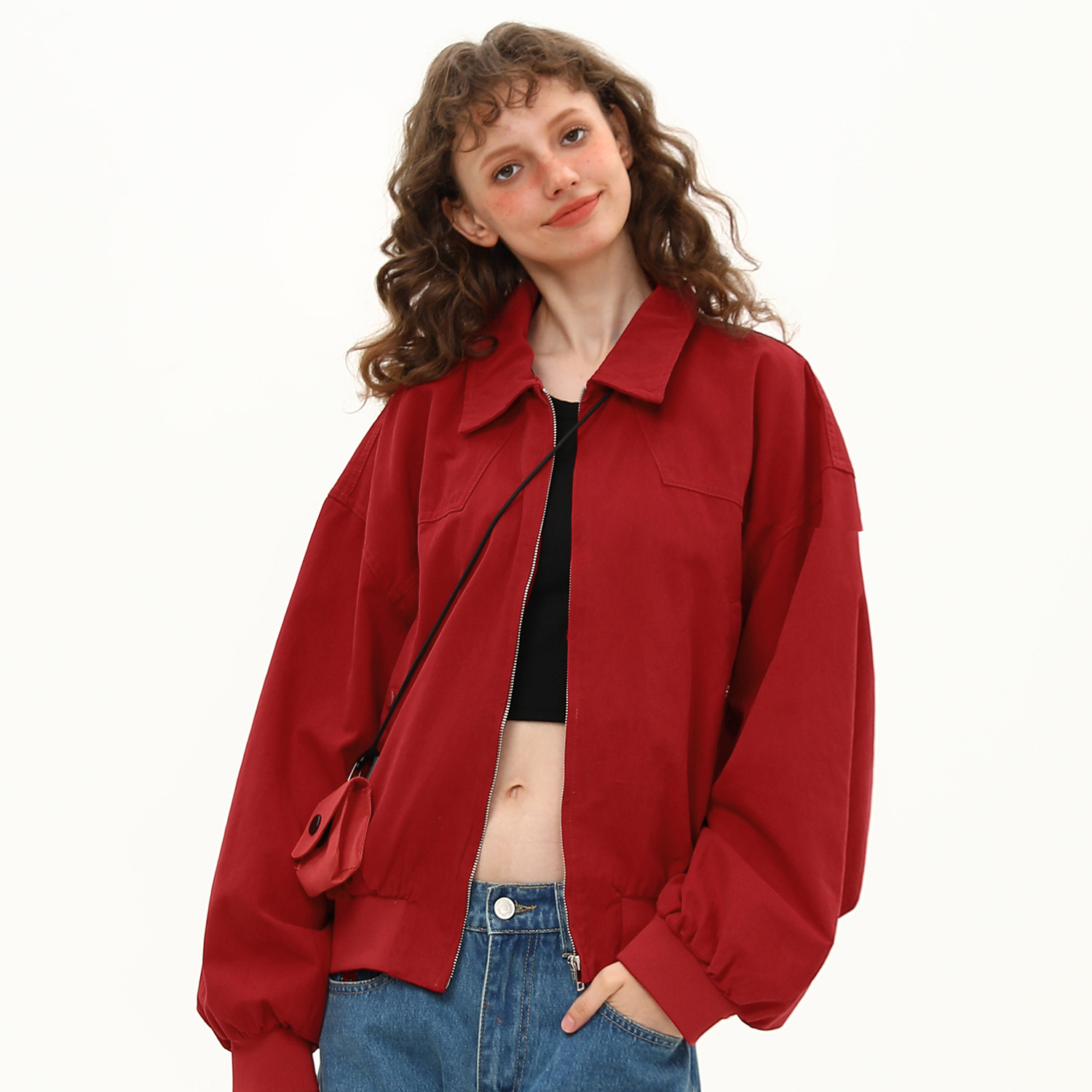 紅色哈靈頓夾克女秋季基礎百搭短寬鬆外套潮高級感上衣