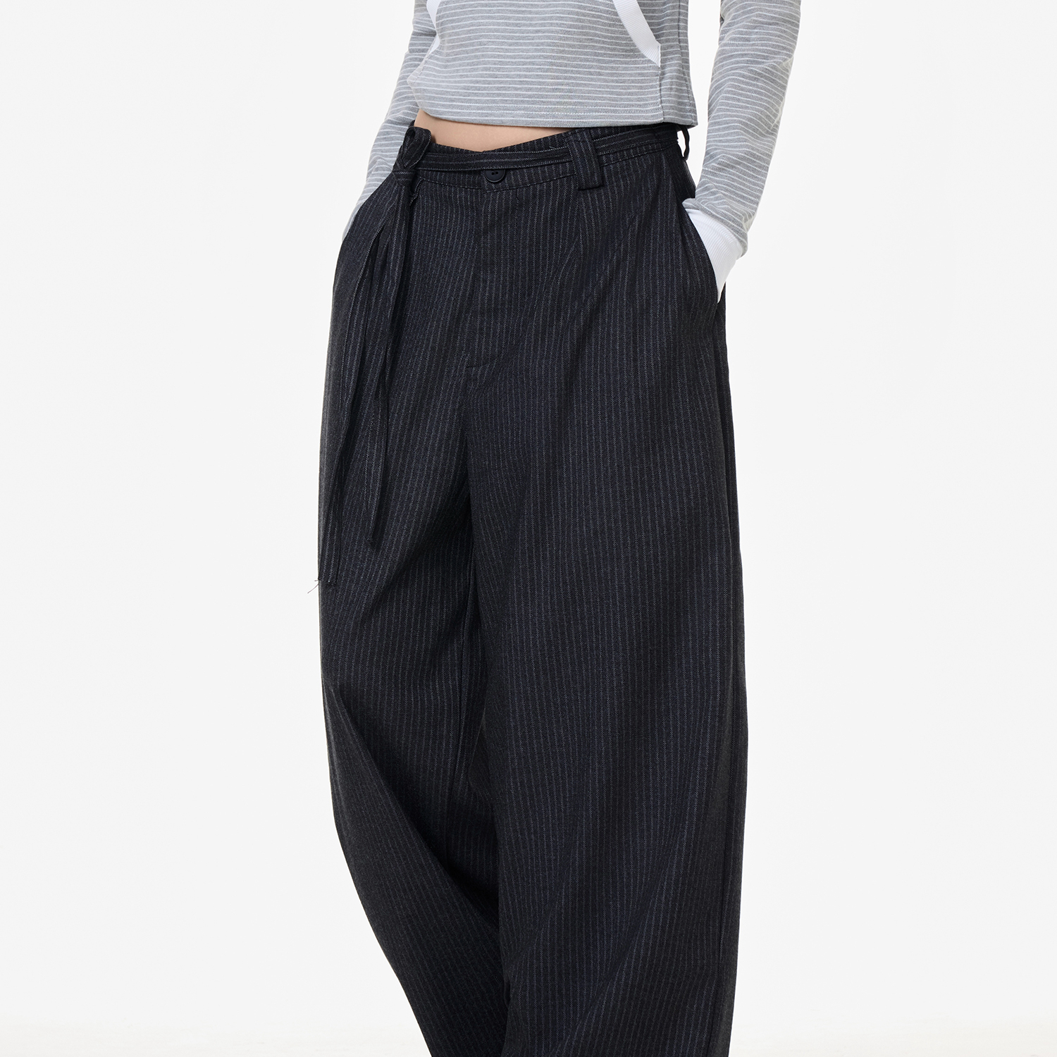 美式復古條紋西裝休閒褲女高級感垂墜感鬆弛慵懶闊腿褲子