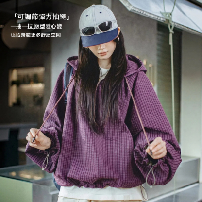 美式泡泡紗連帶帽半開襟工裝衛衣套頭衫寬鬆機能風上衣女士春