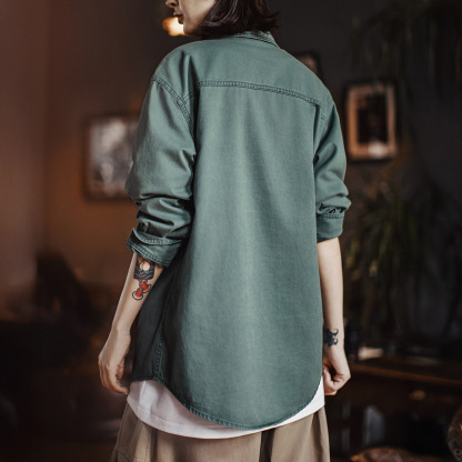 純棉復古水洗日系刺繡印花寬鬆長袖襯衣衫外套硬挺上衣女士秋