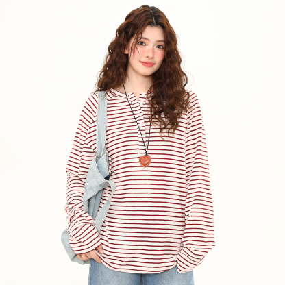 美式復古亨利領條紋長袖T恤女春夏輕薄寬鬆慵懶防曬罩衫