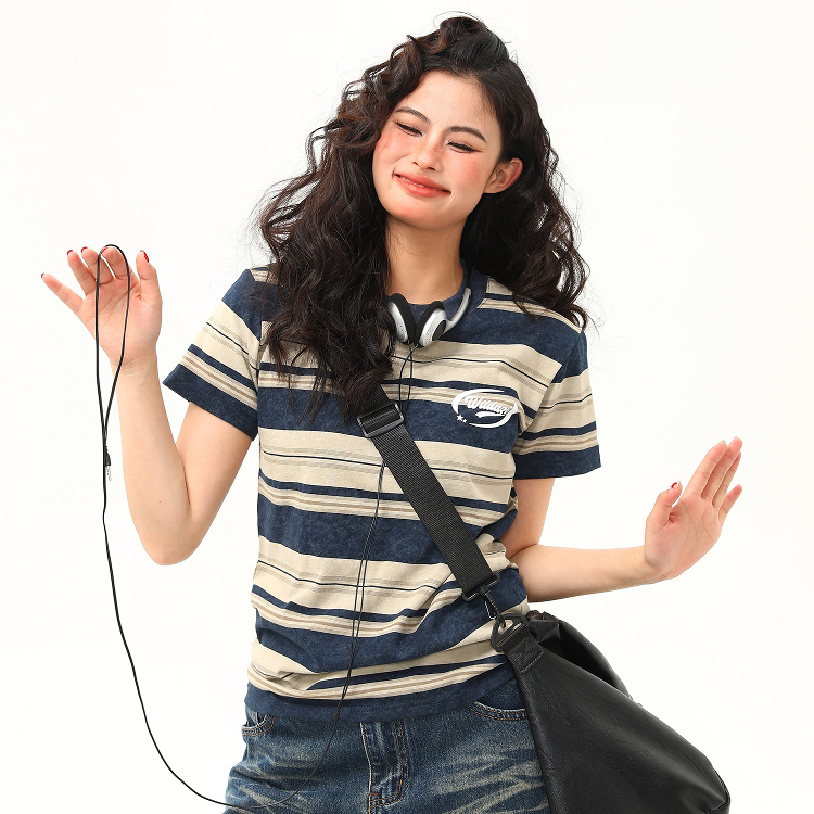 美式復古微寬鬆條紋正肩短袖T恤女夏季百搭短款上衣