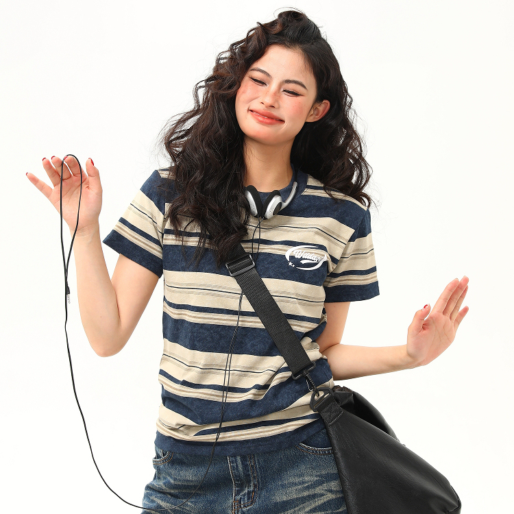 美式復古微寬鬆條紋正肩短袖T恤女夏季百搭短款上衣