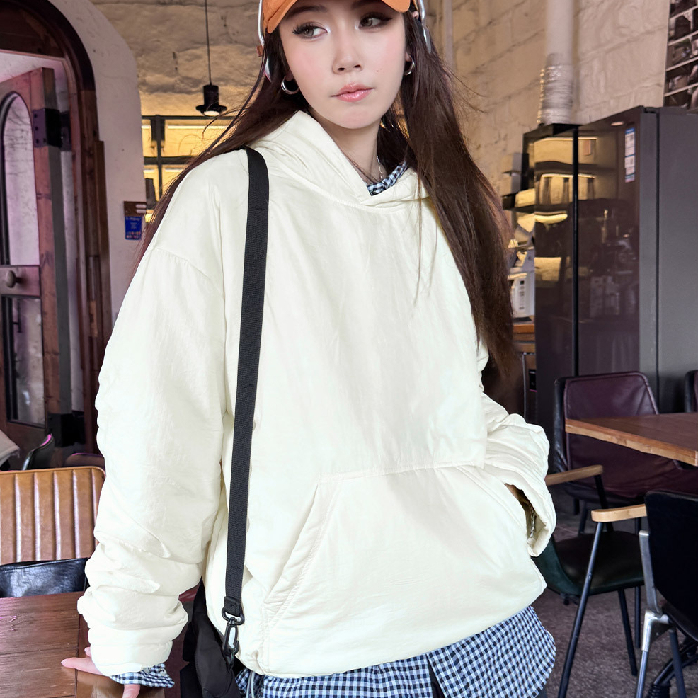 黑白色寬鬆廓形加厚保暖套頭氣絨棉服連帽衛衣夾克外套女士冬