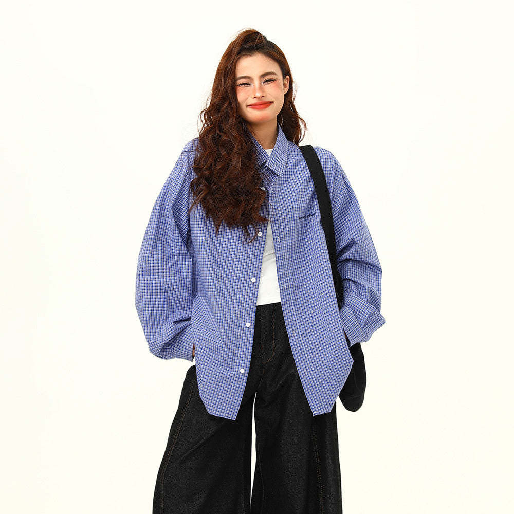 文藝感藍色格子襯衫秋季新品高級感復古百搭外穿襯衣