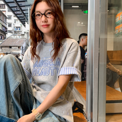復古高級設計感刺繡斑斕拼色短袖t恤女寬鬆