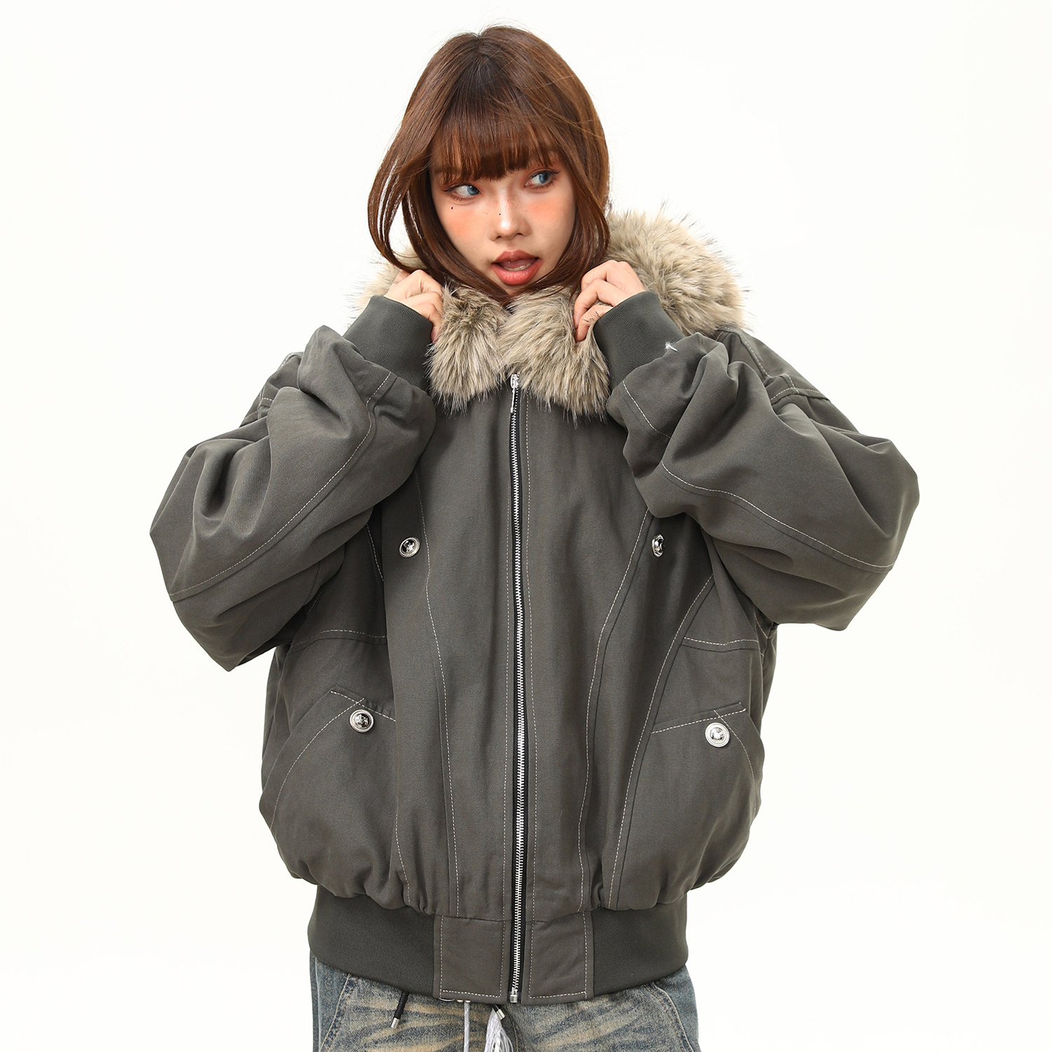 美式潮牌毛領座山雕加厚保暖棉服外套女冬季百搭棉衣