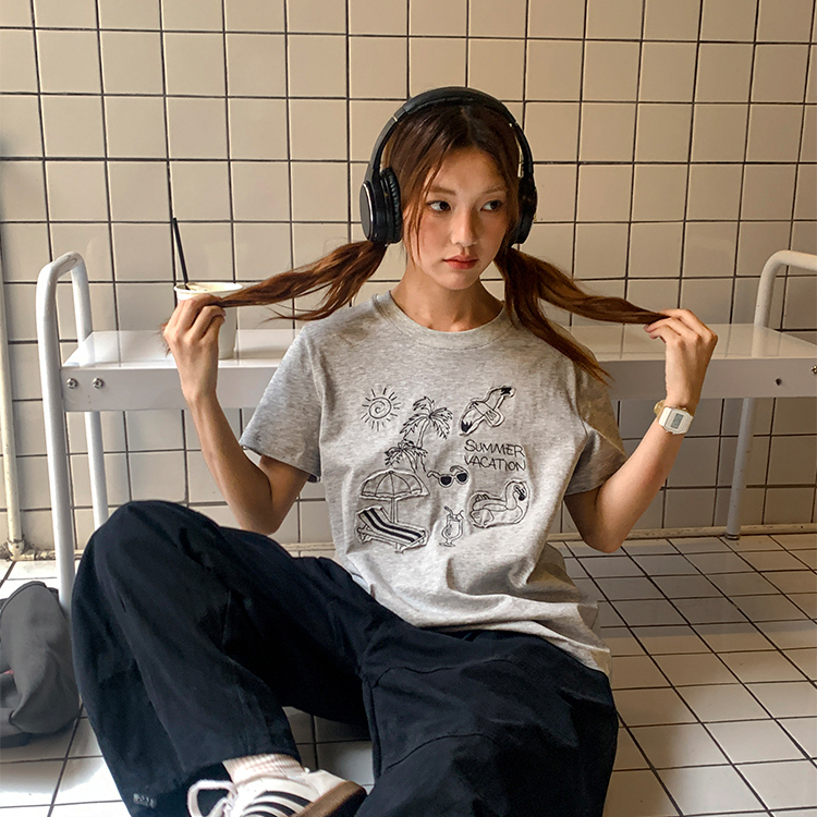 貼布繡短袖t恤女夏季新款小個子寬鬆顯瘦純棉上衣