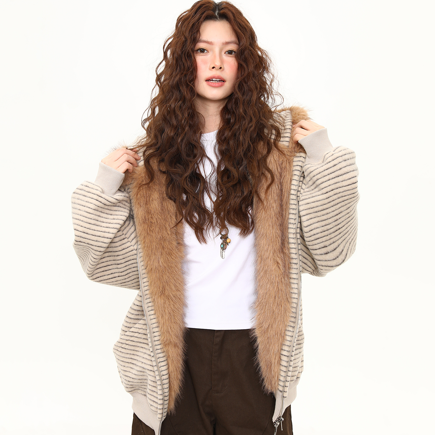 秋冬美式復古條紋兔耳加絨開衫衛衣女連帽情侶毛領厚外套