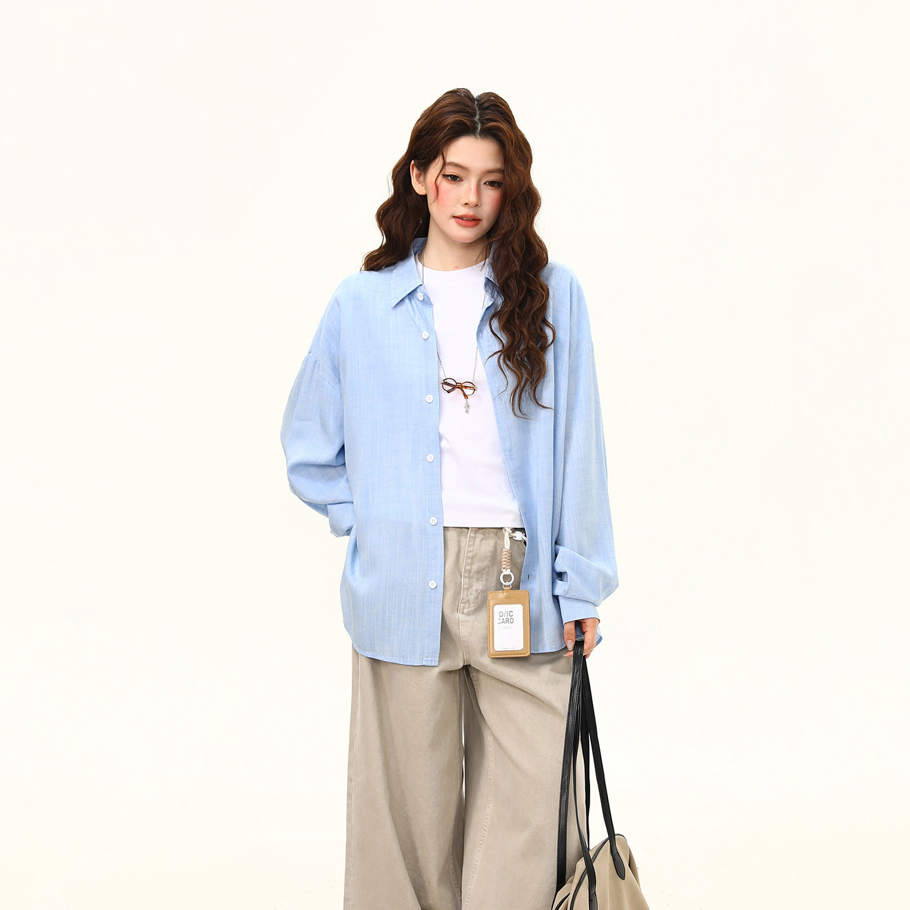 亞麻混紡美式藍色長袖襯衫女早秋新款慵懶風寬鬆百搭襯衣