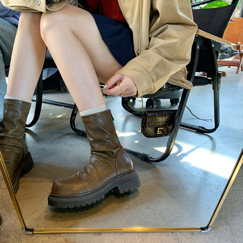 時髦粗跟厚底瘦瘦靴圓頭褶皺後拉鍊堆堆短靴女春秋