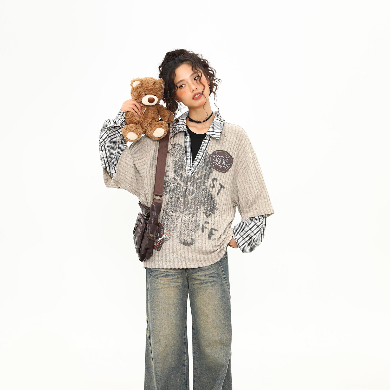 美式復古小熊圖案V領長袖T恤女秋季假兩件翻領設計感上衣