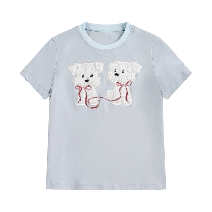 可愛毛茸茸小狗貼布繡短袖t恤女夏正肩顯瘦修身上衣