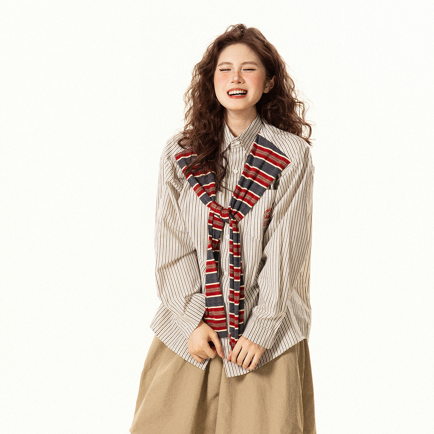 復古設計感披肩條紋長袖襯衫女秋季新款小眾寬鬆百搭襯衣