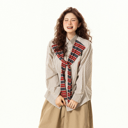 復古設計感披肩條紋長袖襯衫女秋季新款小眾寬鬆百搭襯衣