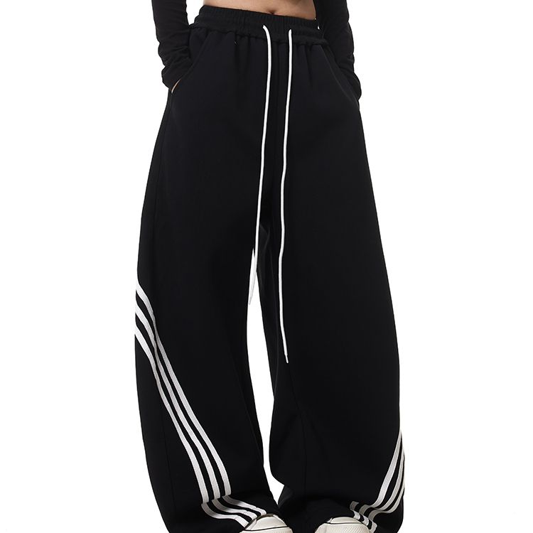 美式復古街頭三條杠闊腿彎刀衛褲加絨寬鬆條紋抽繩爵士舞褲子秋冬