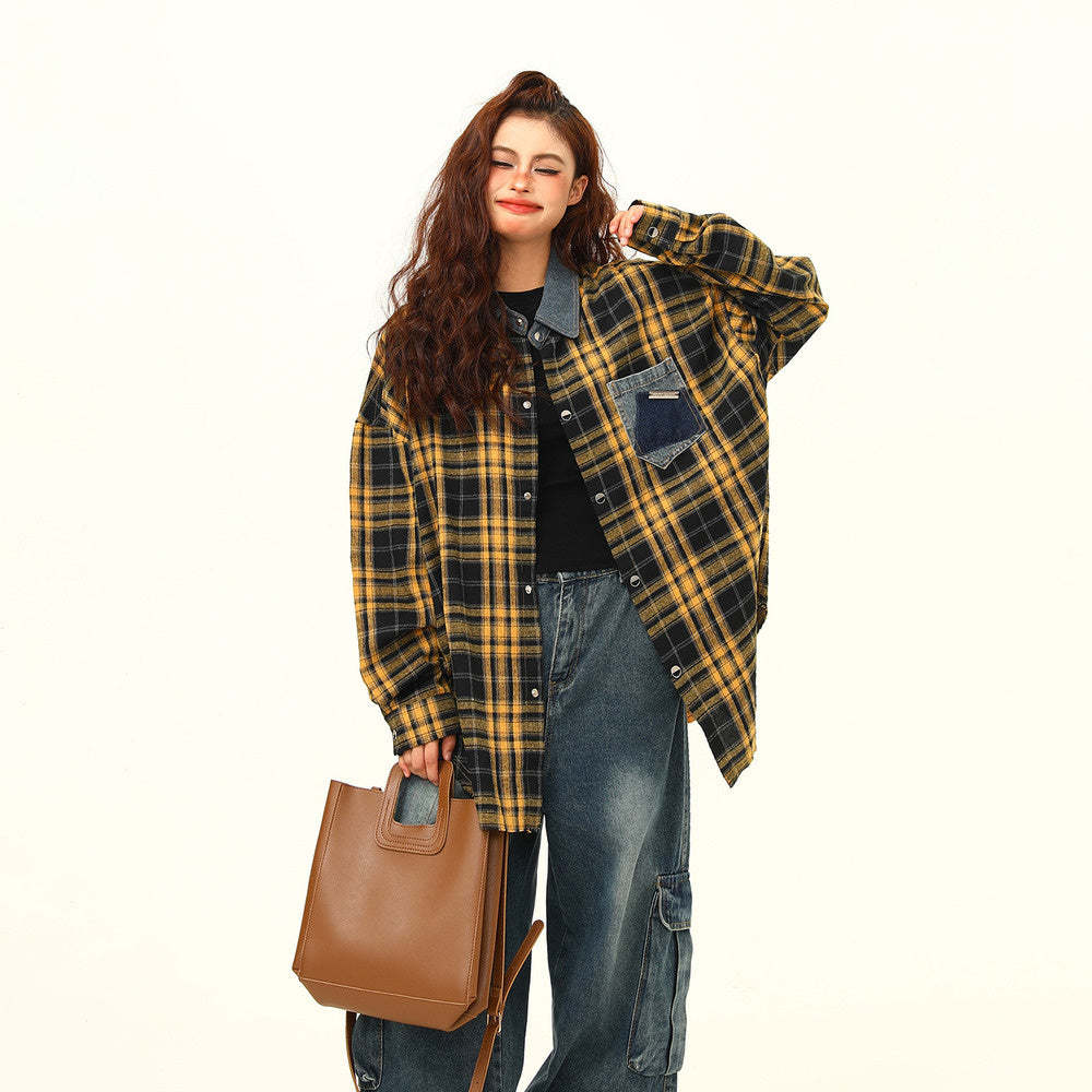 高級感外穿格子襯衫女復古寬鬆百搭早秋黃色格紋襯衣