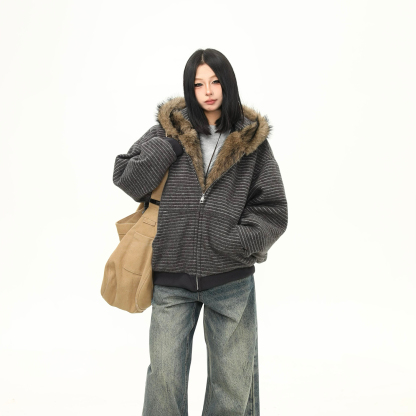 冬季加絨條紋連帽衛衣女美式復古重磅毛領開衫加厚外套