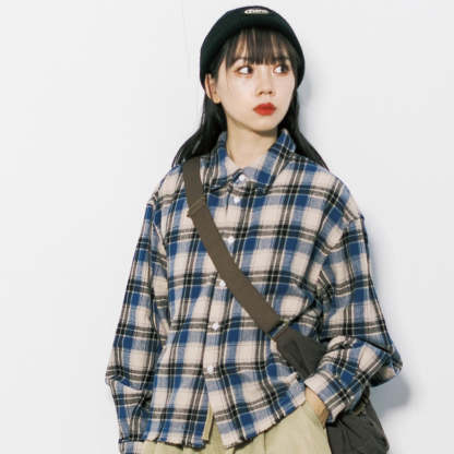 美式復古cleanfit毛邊格子翻領長袖襯衫女春秋寬鬆上衣外套