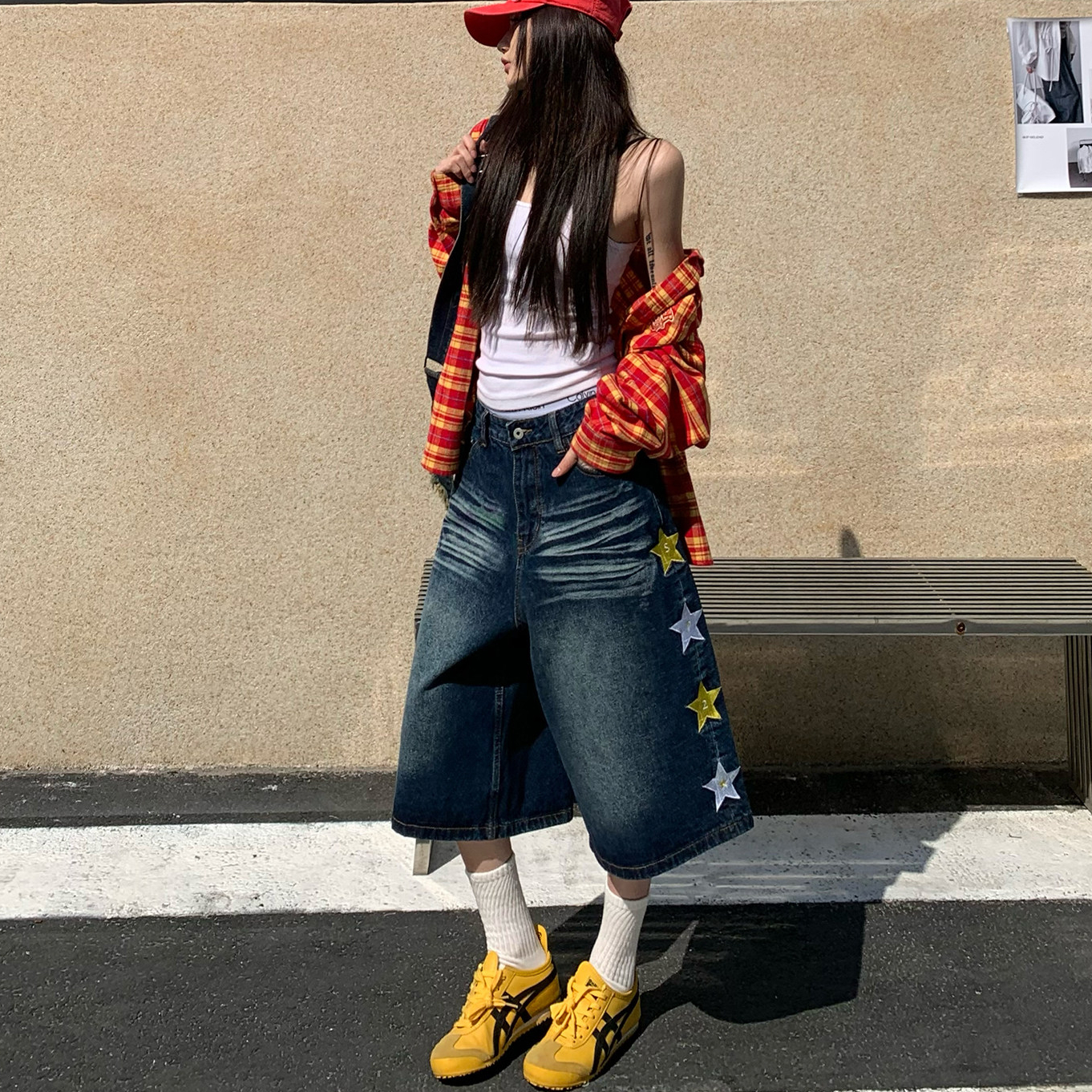 美式復古星星刺繡水洗牛仔七分褲女夏季寬鬆百搭短褲子