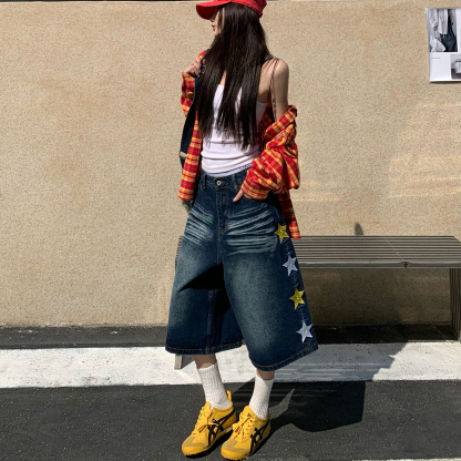 美式復古星星刺繡水洗牛仔七分褲女夏季寬鬆百搭短褲子