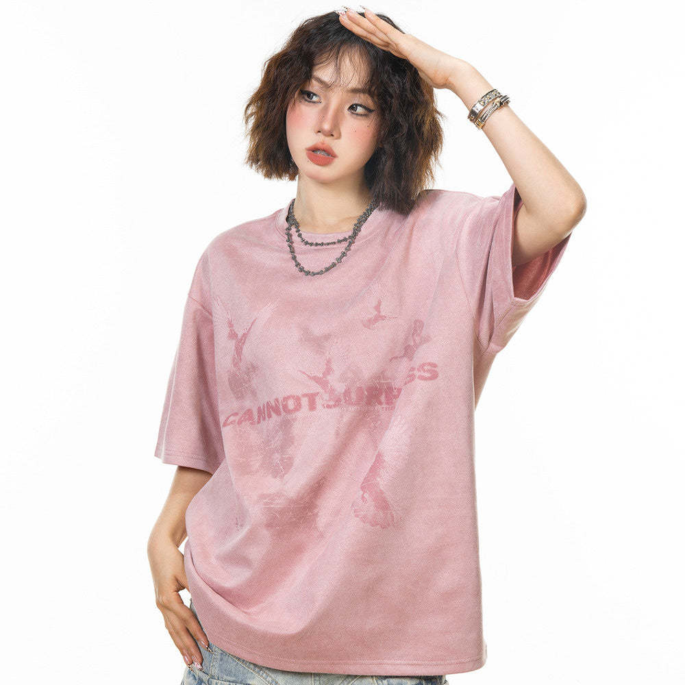 美式復古麂皮絨蝴蝶短袖t恤女夏季2025新款設計感寬鬆半袖上衣