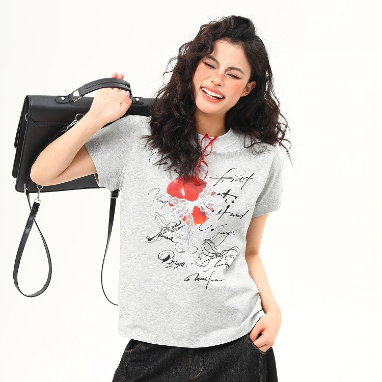 美式復古設計感印花boxy正肩T恤女夏季百搭顯瘦短款短袖