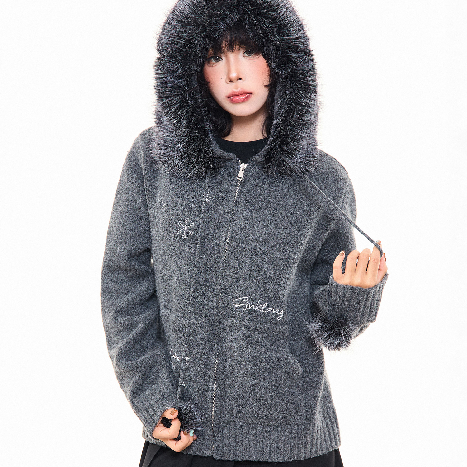 復古雪花刺繡毛領連帽針織開衫外套女冬季慵懶感寬鬆毛衣上衣