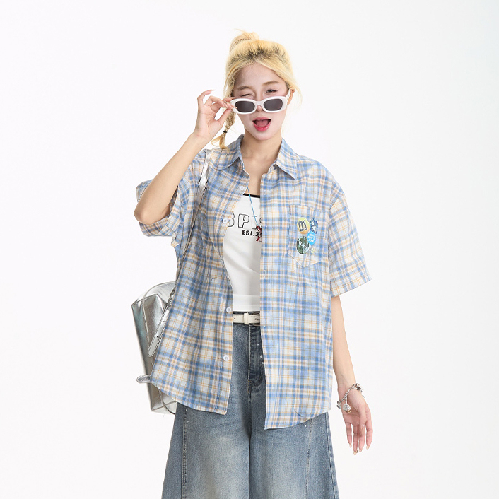 夏季藍色格子短袖襯衫女美式潮牌寬鬆百搭休閒襯衣