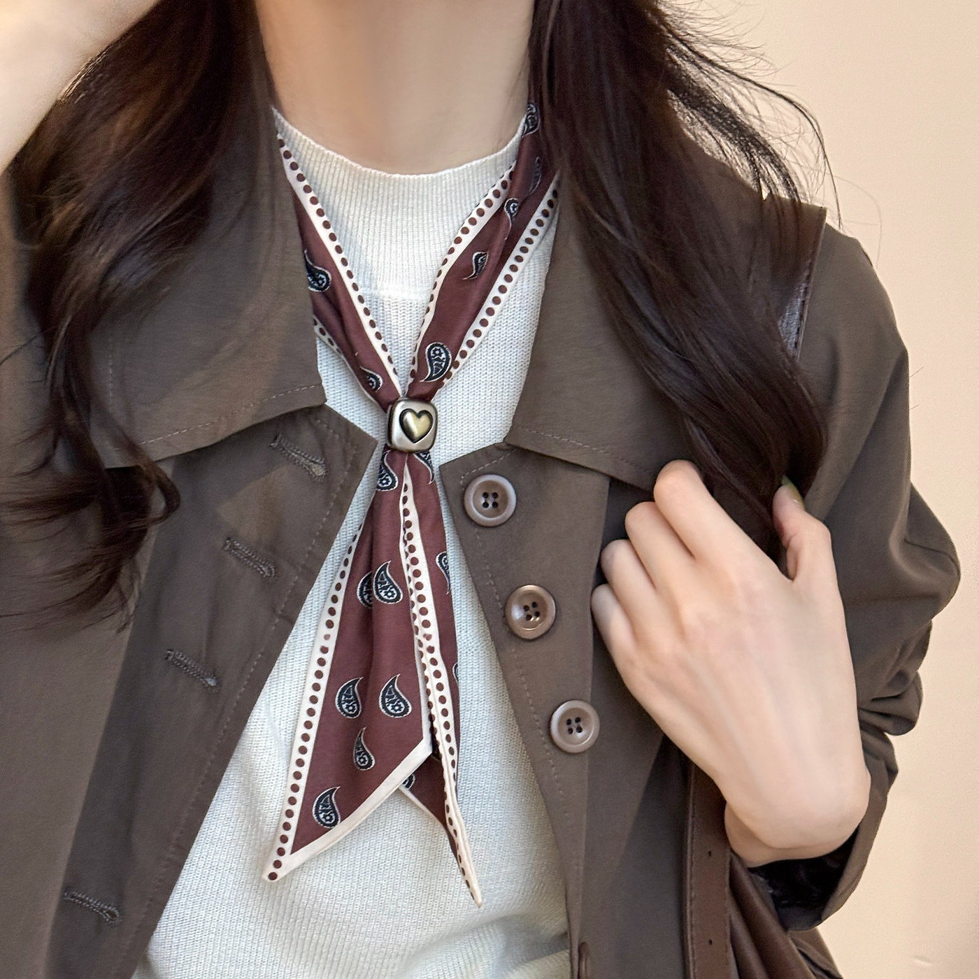 法式復古抽拉系脖絲巾項鍊女春季新款波點領巾長條毛衣鏈圍巾配飾