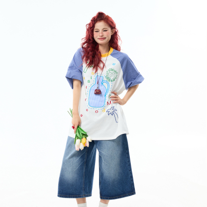 夏季新圓領撞色插肩短袖T卹女趣味刺繡百搭夏季tee