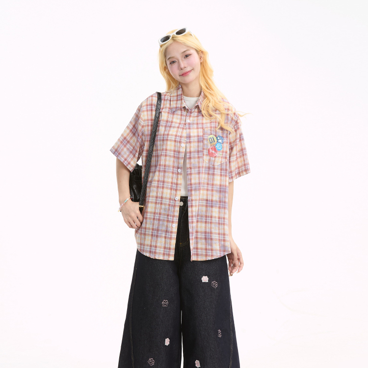 夏季藍色格子短袖襯衫女美式潮牌寬鬆百搭休閒襯衣