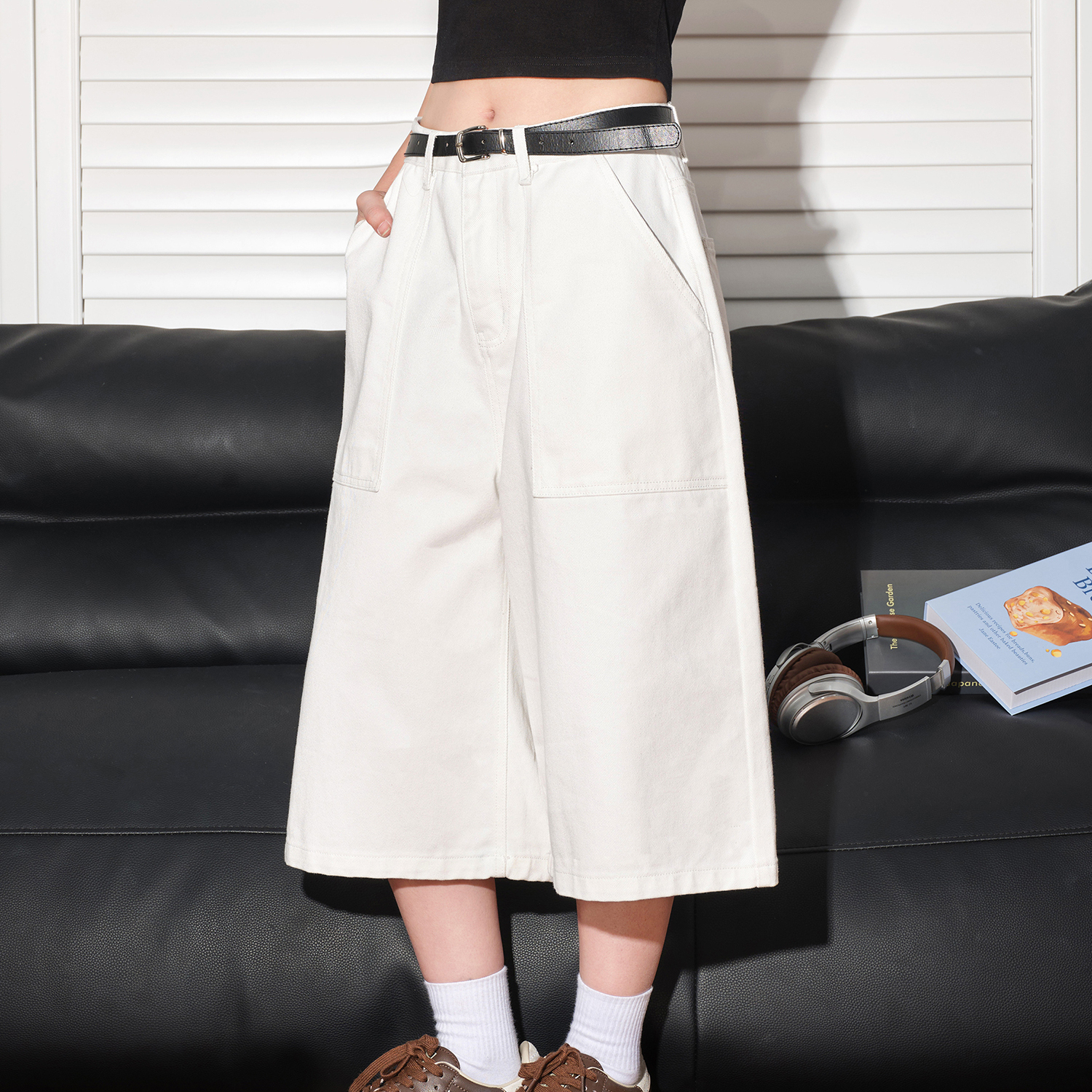 美式復古解構設計七分褲女夏寬鬆闊腿休閒短褲牛仔褲