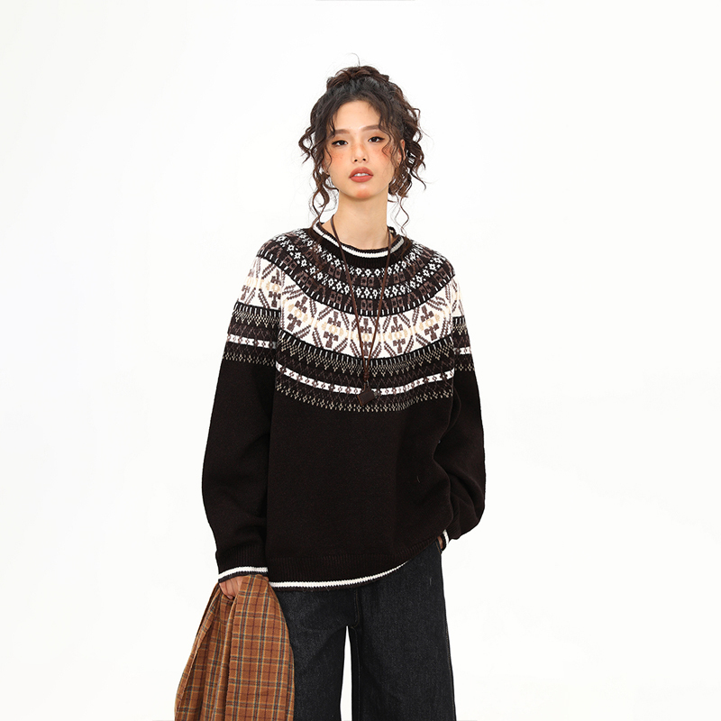 美式復古費爾島提花毛衣女秋冬慵懶風圓領軟糯針織衫上衣