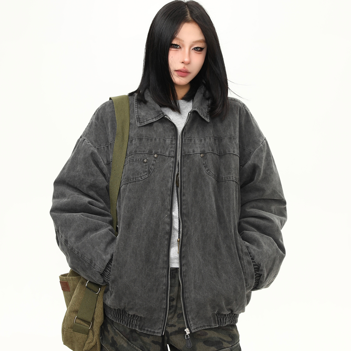 美式水洗重磅工裝棉服外套女冬季新款加棉潮牌翻領夾克