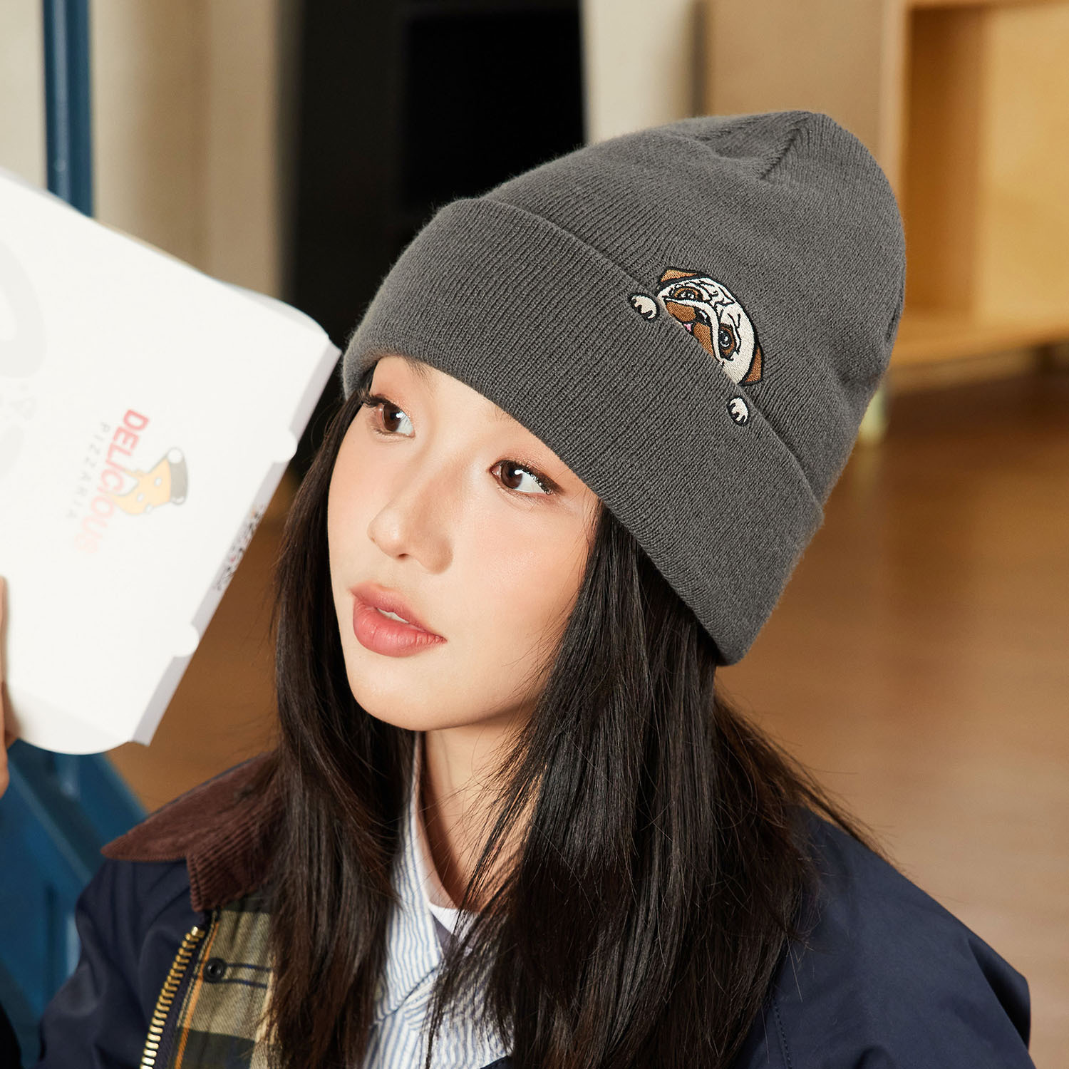 日系小狗刺繡毛線帽秋冬加厚帽子護耳針織帽男女冷帽