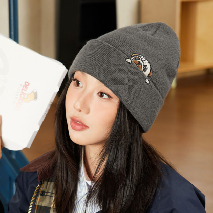 日系小狗刺繡毛線帽秋冬加厚帽子護耳針織帽男女冷帽