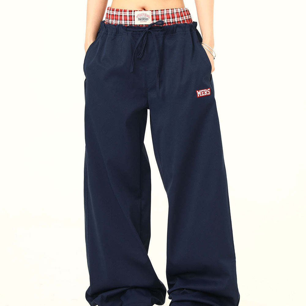 雙腰頭格子拼接假兩件休閒褲女美式復古運動工裝褲子