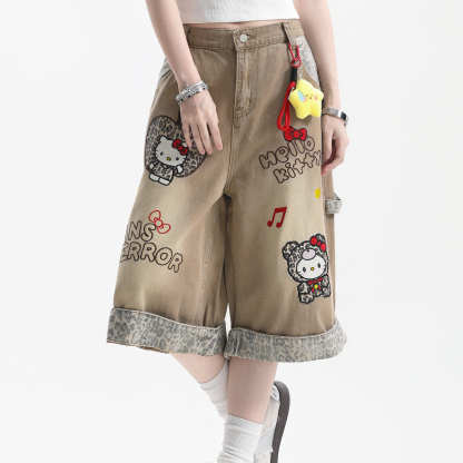 美式復古豹紋拼接Kitty猫刺繡牛仔短褲女直筒七分褲