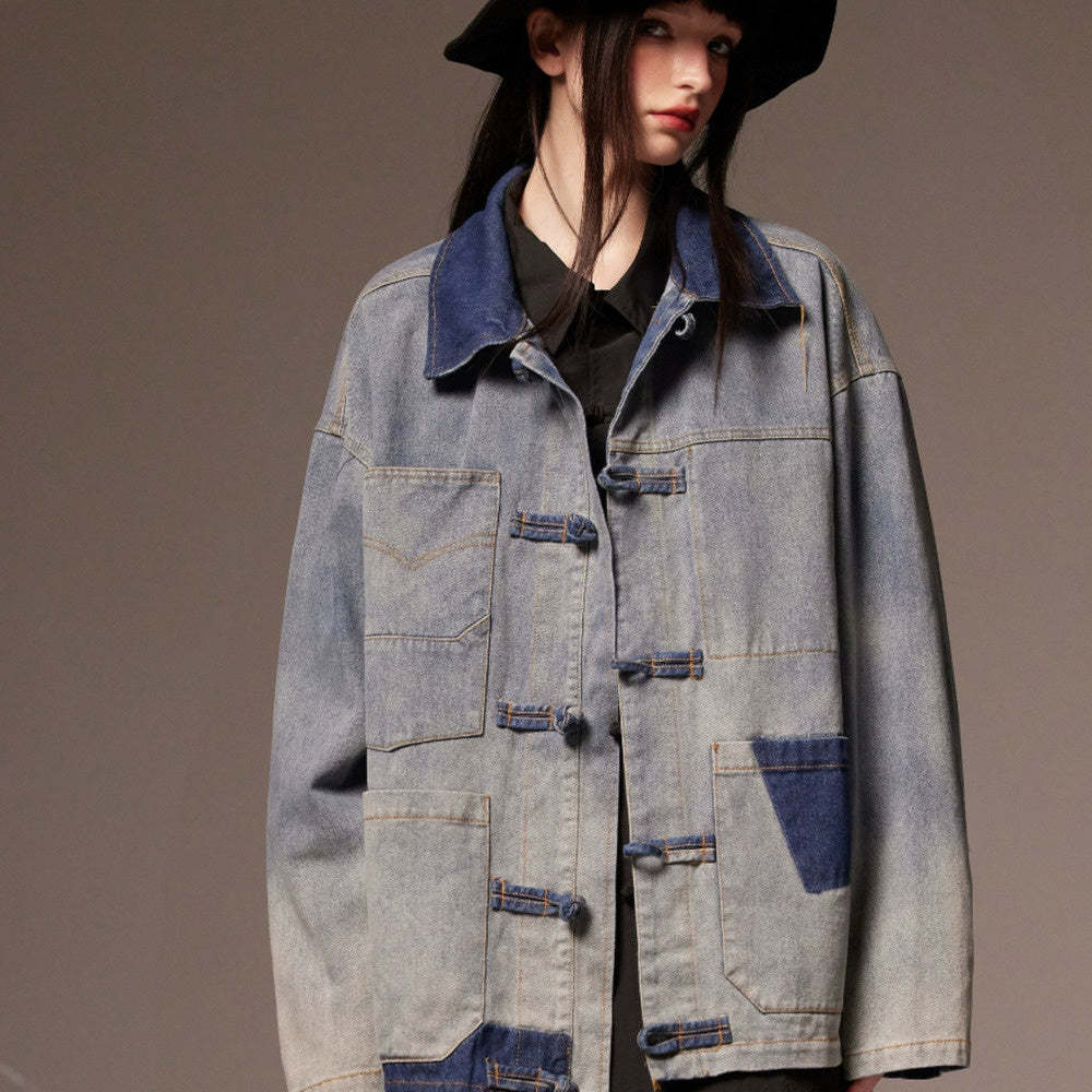 美式潮牌水洗做舊盤扣牛仔夾克女ins潮流休閒外套