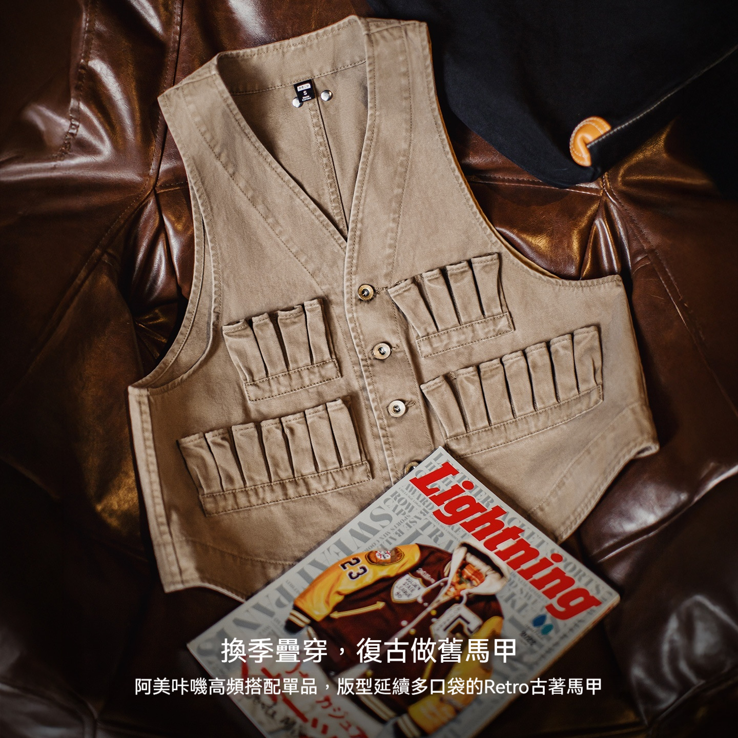 復古多口袋V領無袖工裝外搭套疊穿馬甲夾坎肩心上衣女士秋季