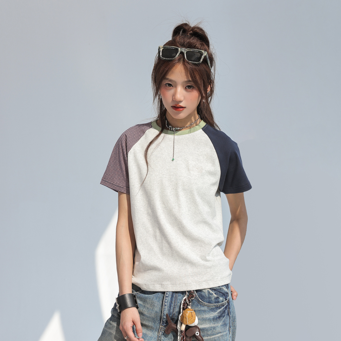 撞色拼接條紋短袖女t恤夏蝴蝶結刺繡上衣設計感小眾