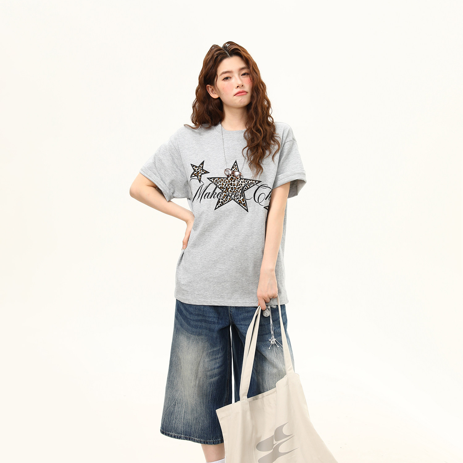 美式復古星星豹紋刺繡圓領短袖T恤女夏季寬鬆百搭tee