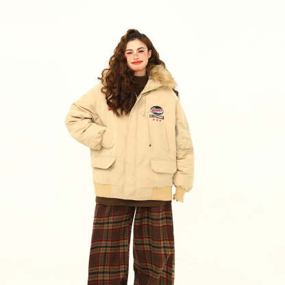 美式復古座山雕毛領冬季棉服外套女工裝風派克服連帽棉衣