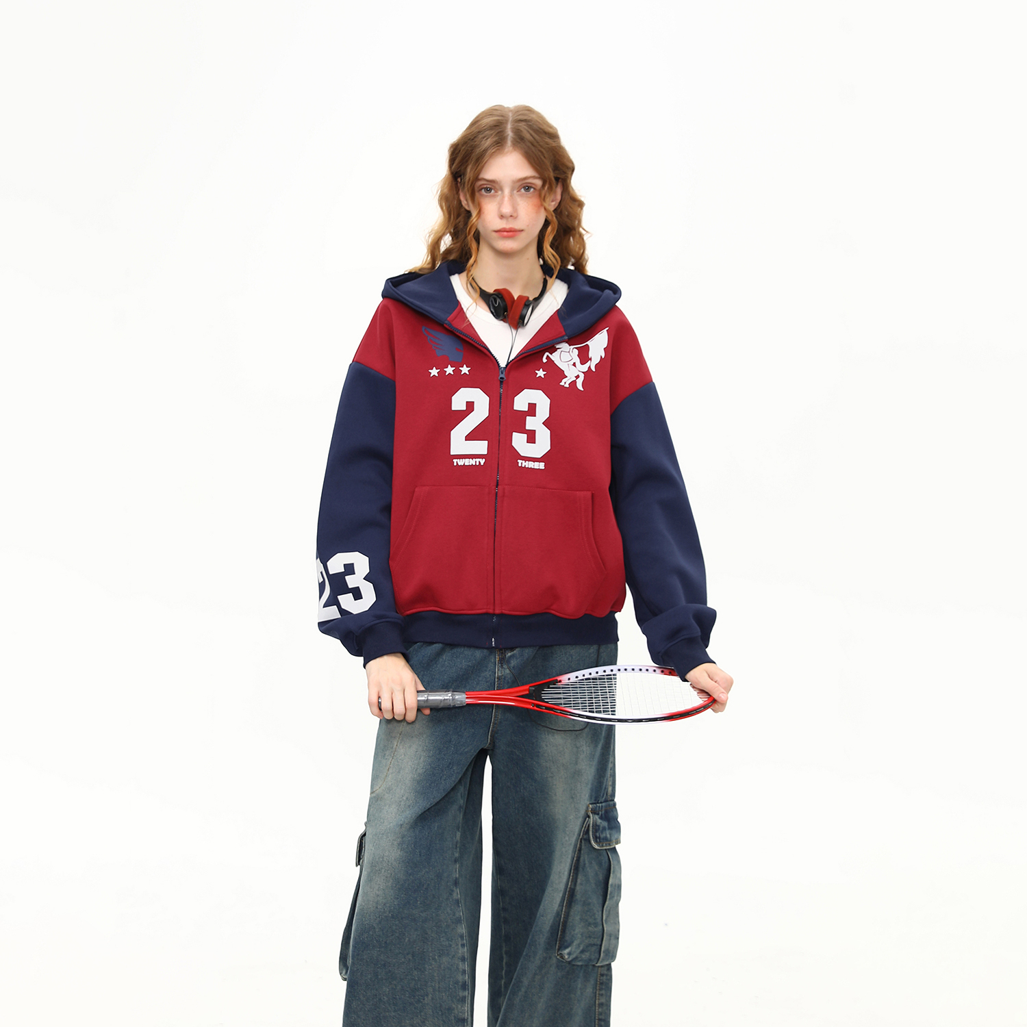 美式復古重磅開衫連帽衛衣女高克重印花潮牌拉鍊外套