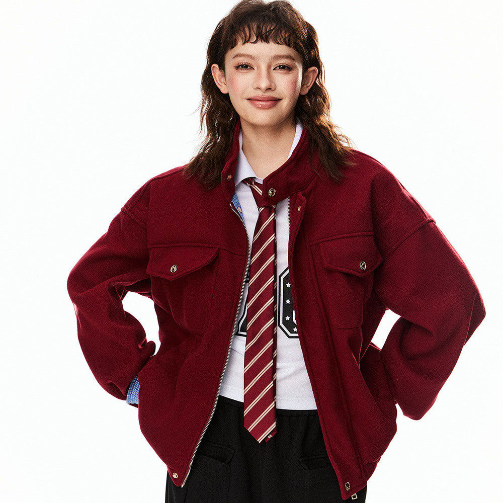 美式巴恩風紅色毛呢外套女開春新款高級感妮子工裝夾克上衣