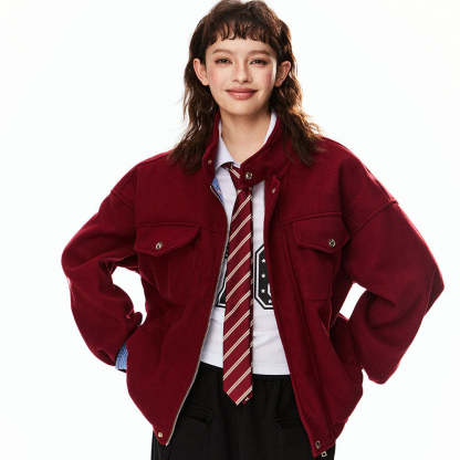 美式巴恩風紅色毛呢外套女開春新款高級感妮子工裝夾克上衣