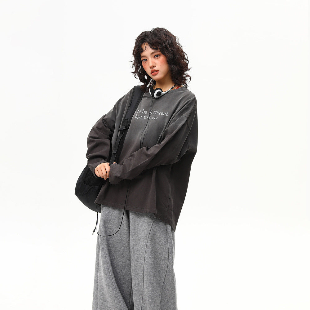 春季新款美式復古水洗漸變慵懶高級感長袖T恤女